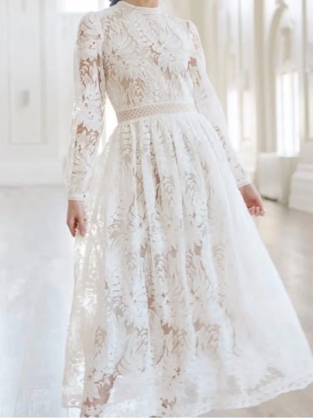 Ivy City Co White Lace Midi Dress with Long Sleeves - Picture 1 of 7